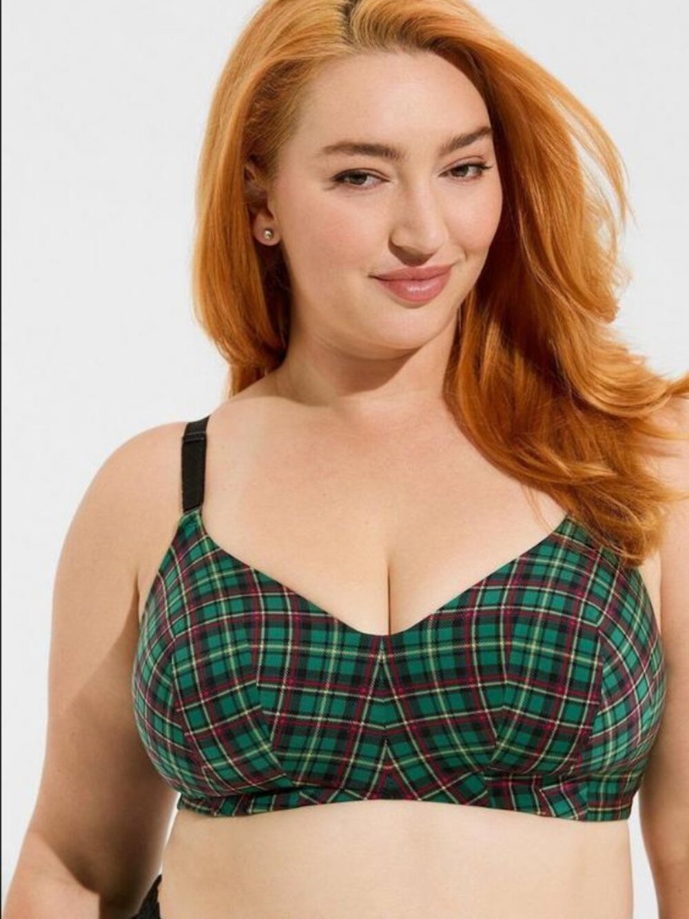 Torrid Perfect Coverage Lightly Lined Smooth Bra Green Red Plaid Festive Sz 44C
